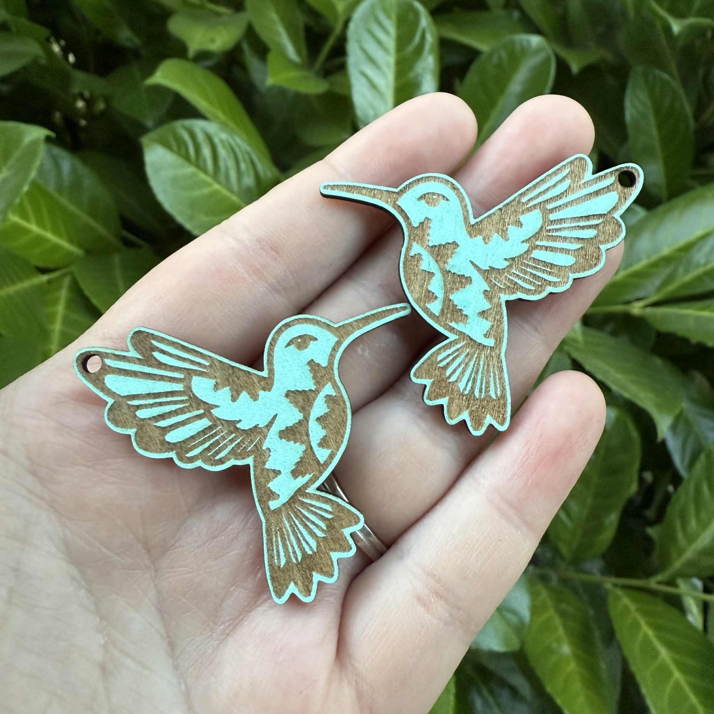 Hummingbird Teal Engraved Wood Cabochon