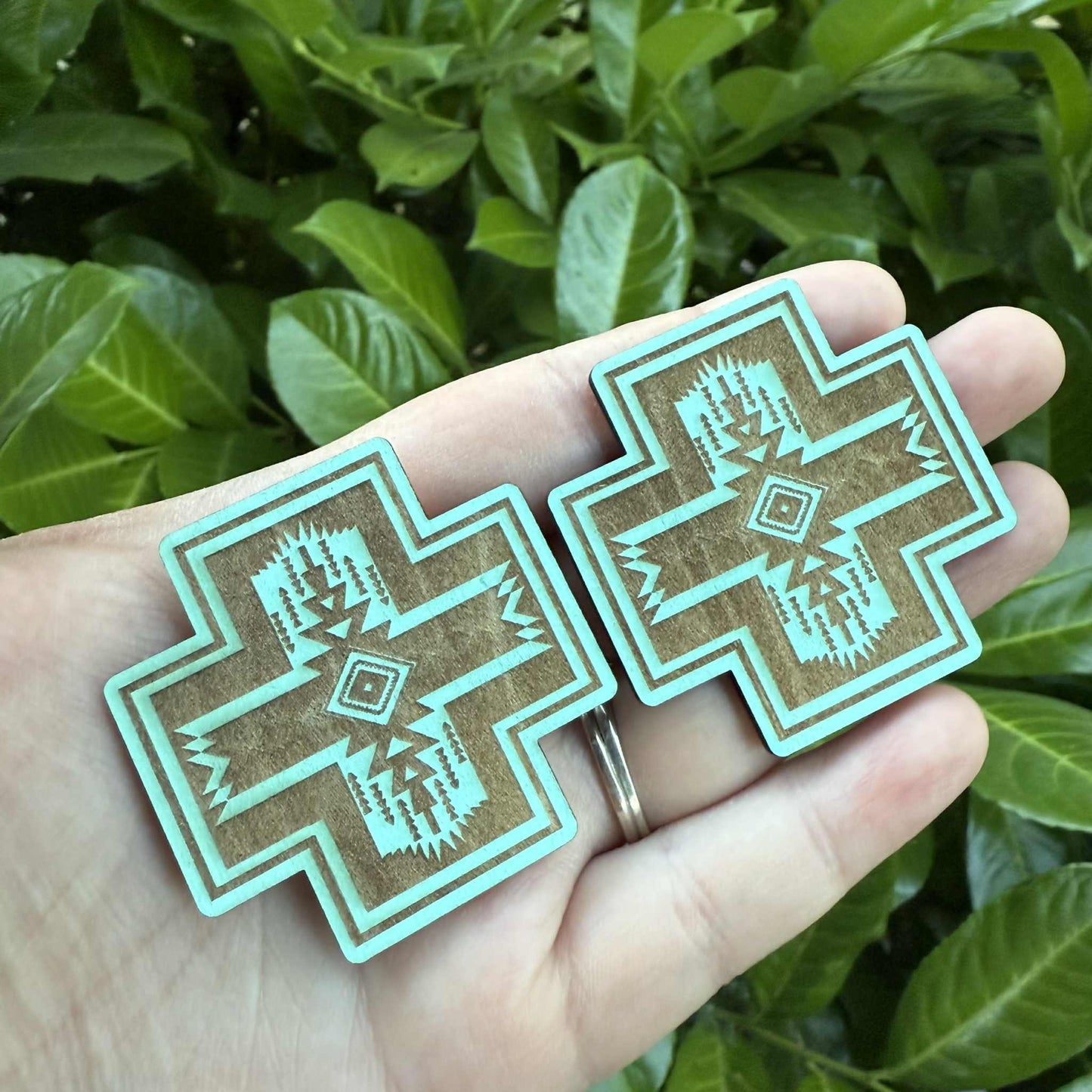 Aztec Teal Engraved Wood Cabochon