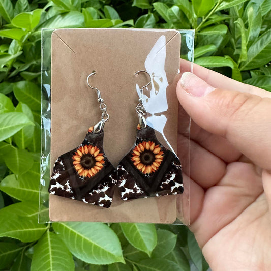 Sunflower Cow Print Cow Tag Earring