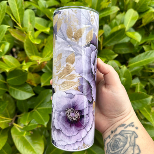 Purple w/ Gold Leaves Floral • MARCH TUMBLER OF THE MONTH •