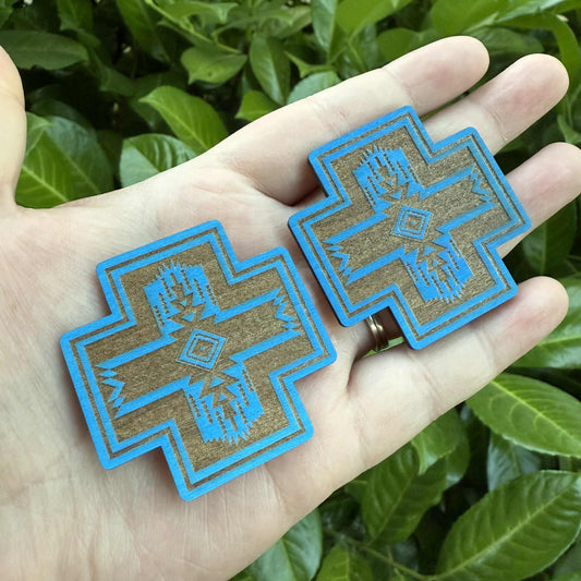 Aztec Blue Engraved Wood Cabochon