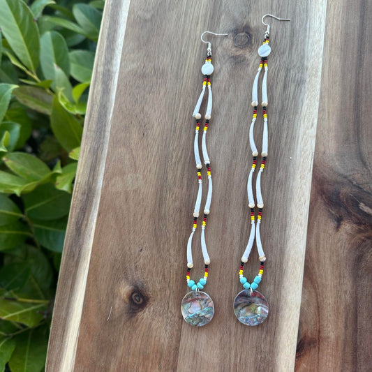 Four Direction with Dentalium, Mother of Pearl, and Abalone Shell Beaded Earring