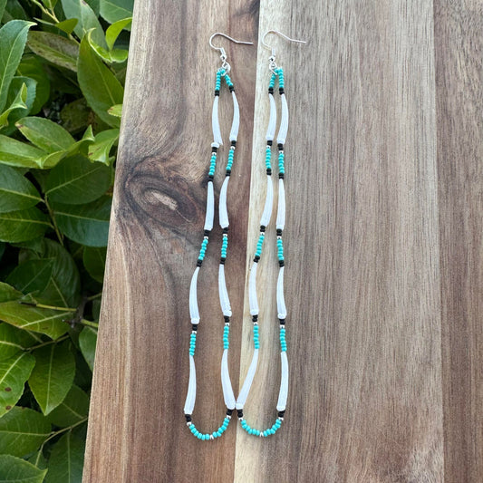 Teal Colored with Dentalium Shells Beaded Earring