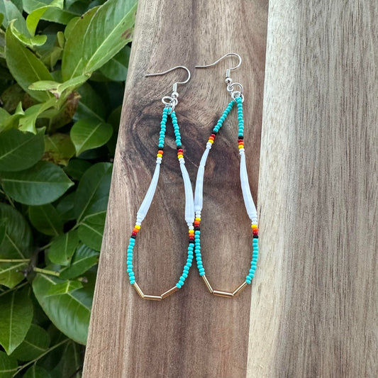 Four Direction Teal with Dentalium Shell Beaded Dangle Earrings
