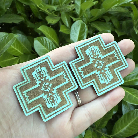 Aztec Teal Engraved Wood Cabochon
