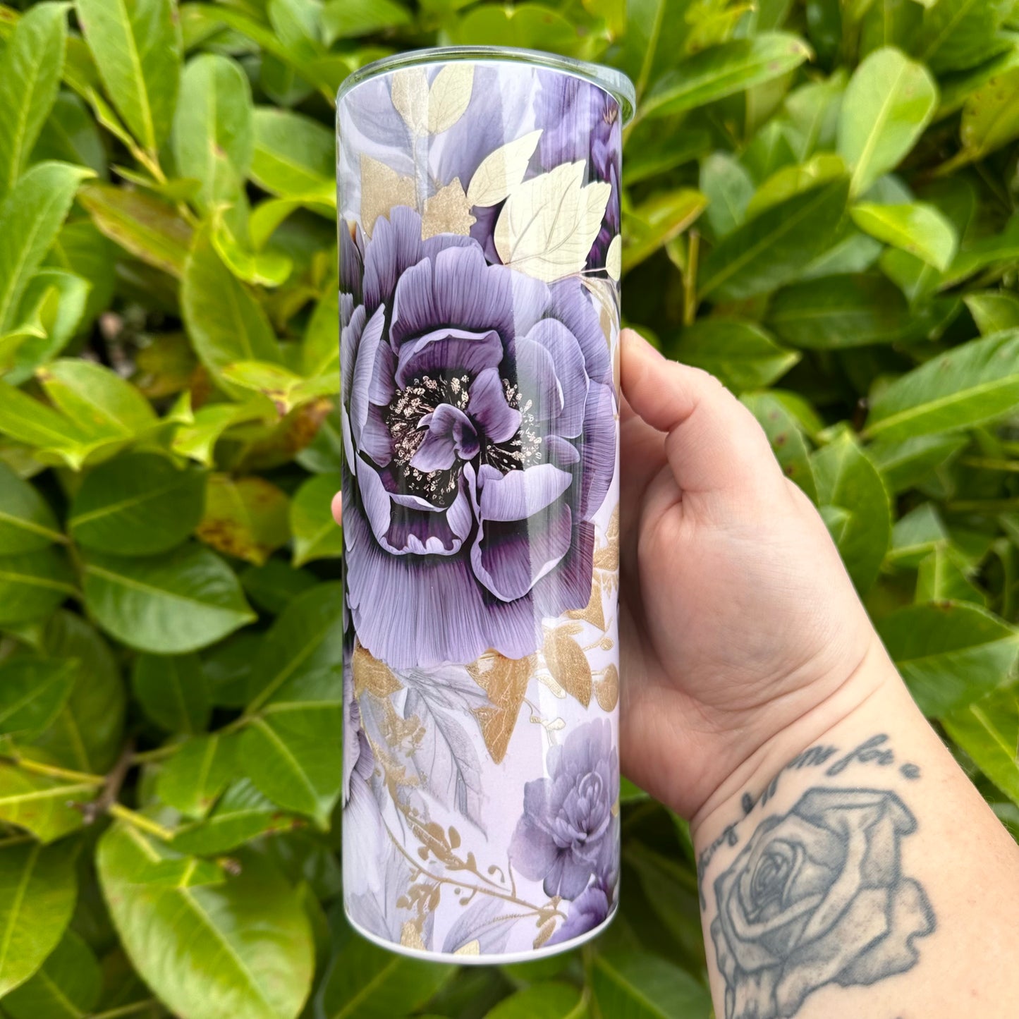 Purple w/ Gold Leaves Floral • MARCH TUMBLER OF THE MONTH •