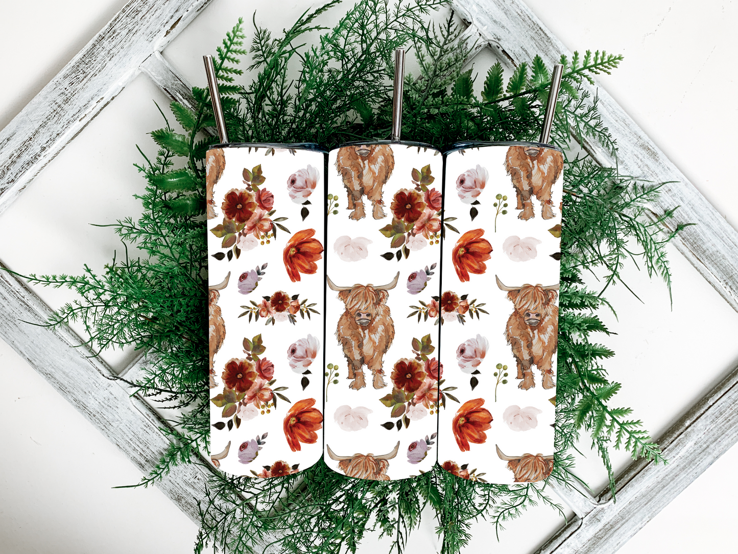 Red Floral Highland Cow Tumbler