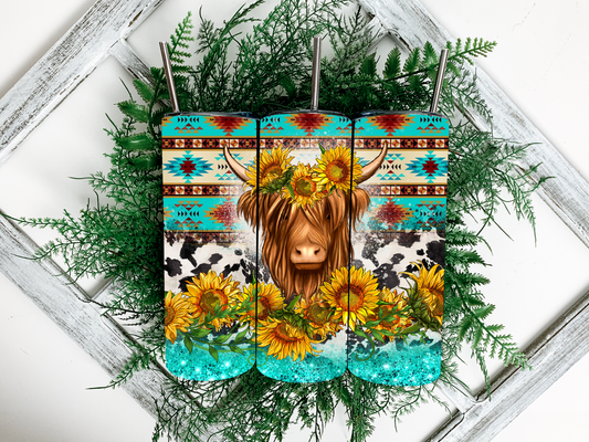 Highland Cow Sunflower and Aztec Tumbler